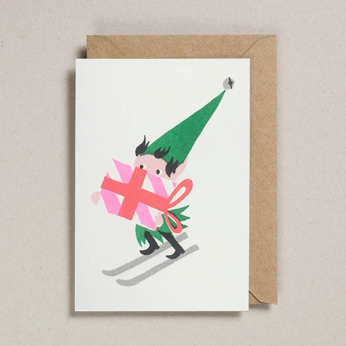 Skiing Elf Christmas Card