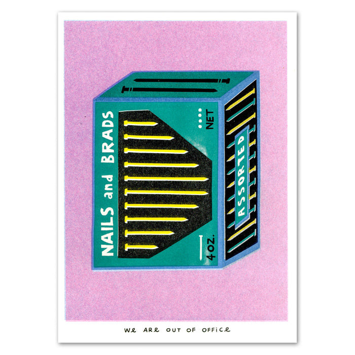 A Risograph Print of A Package with Nails and Brads