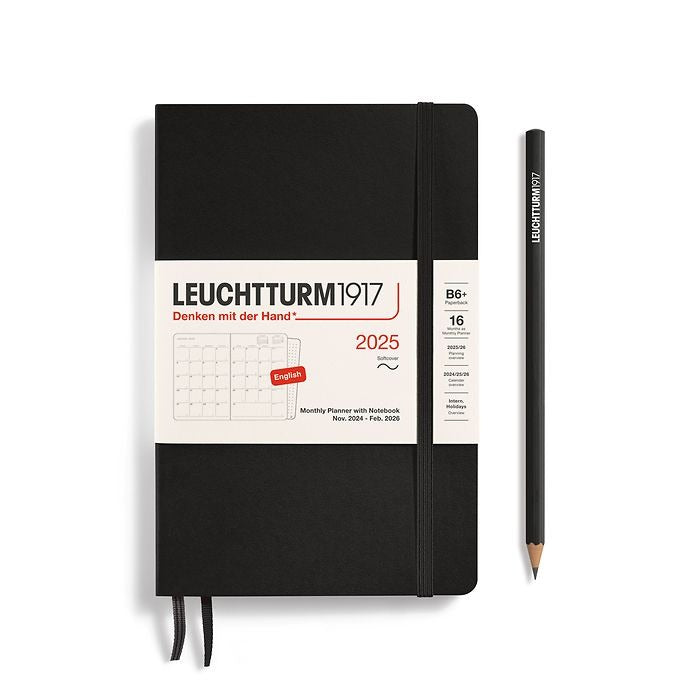 Monthly Planner & Notebook Paperback (B6+) 2025 - 16 Months Softcover - Black