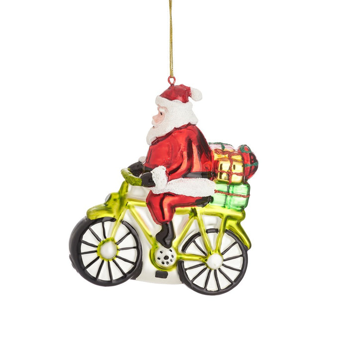 Santa On A Bicycle Shaped Bauble